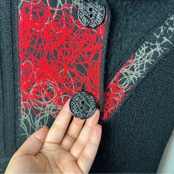Vintage Concept Black Wool Blend Button Up Sweater Coat with Red Accents Women M - Picture 7 of 11